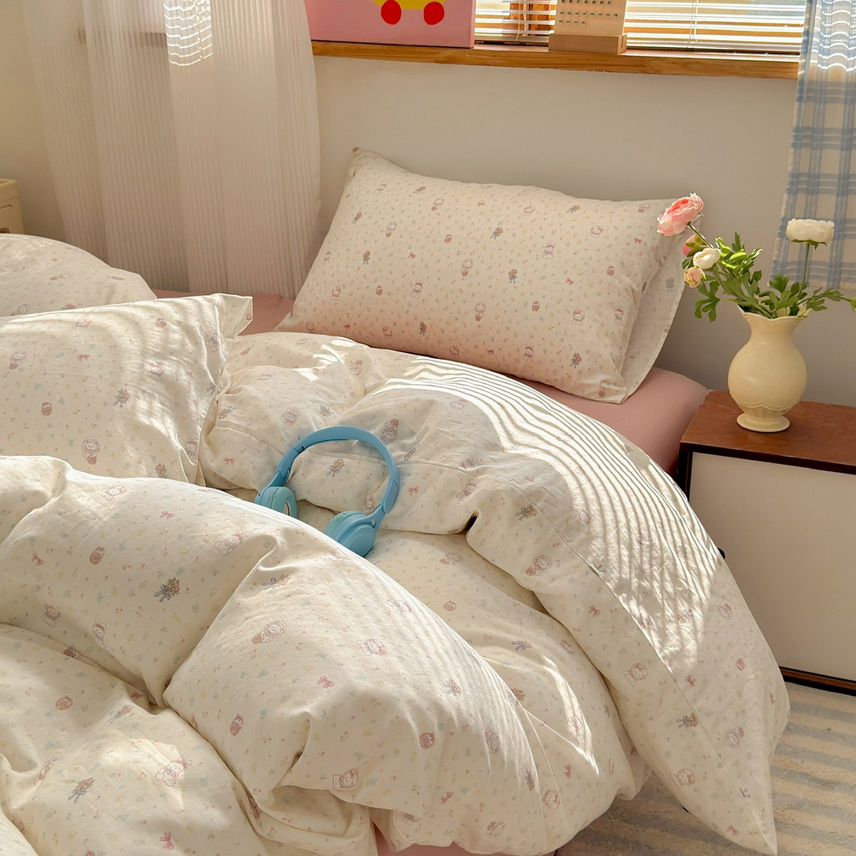 91家纺网 家纺一手货源 找家纺 于果 2025新款全棉双层纱四件套（第六批） 花篮兔