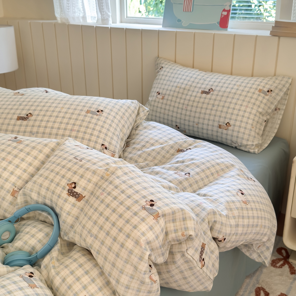 91家纺网 家纺一手货源 找家纺 于果 2025新款全棉双层纱四件套（第六批） 律动狗-兰