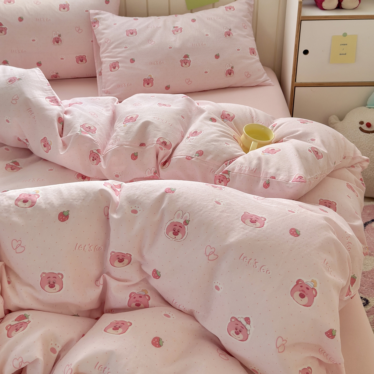于果 2025新款全棉双层纱四件套（第六批） 草莓熊仔-粉