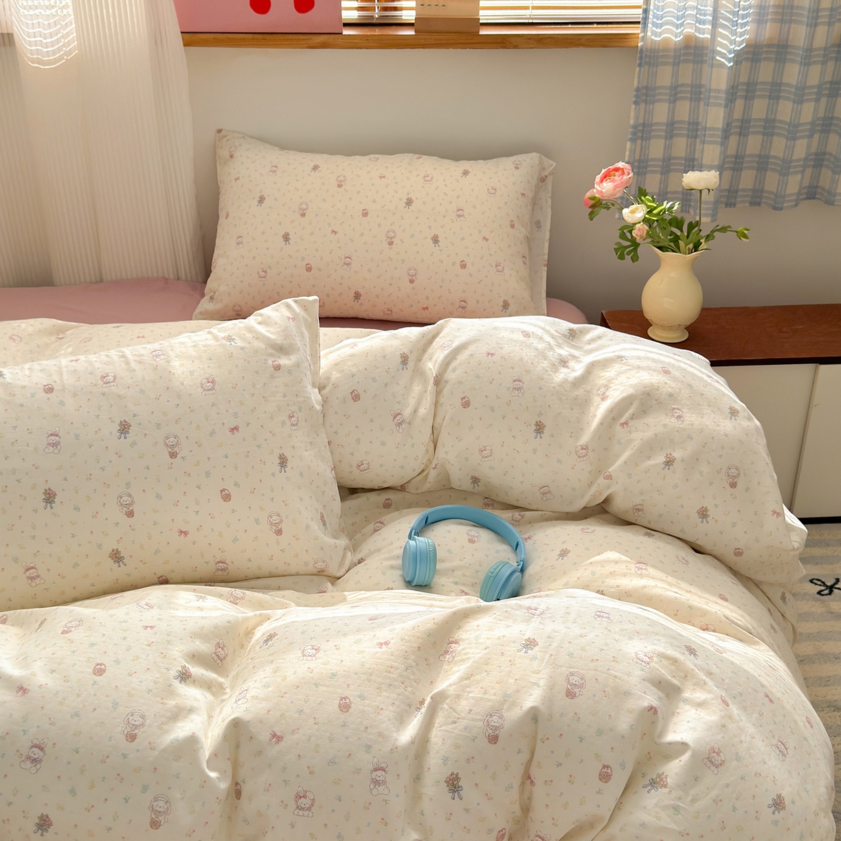 91家纺网 家纺一手货源 找家纺 于果 2025新款全棉双层纱四件套（第六批） 花篮兔