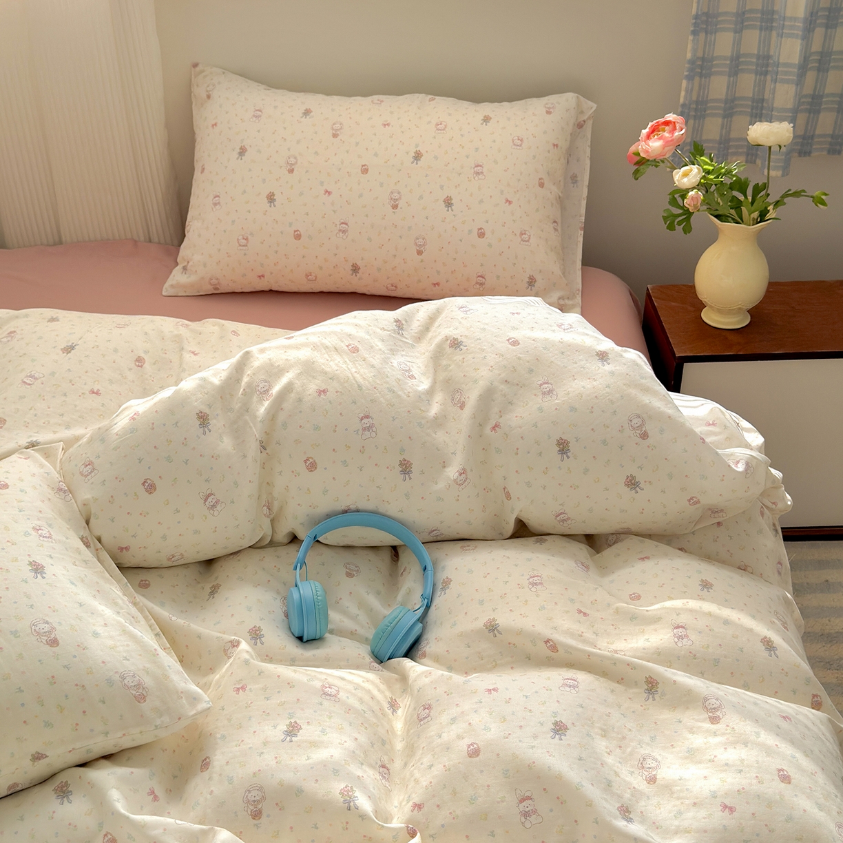 91家纺网 家纺一手货源 找家纺 于果 2025新款全棉双层纱四件套（第六批） 花篮兔