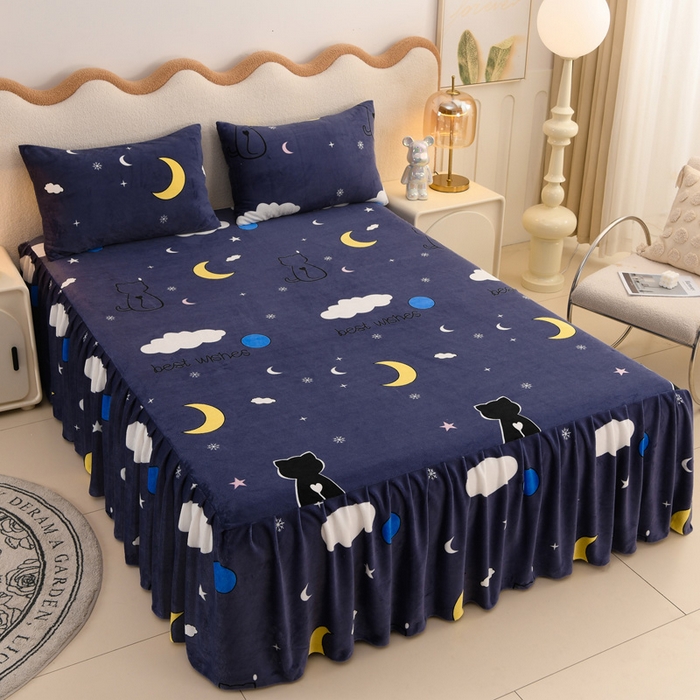 圣楚 2025新款牛奶绒印花床裙三件套 晚安喵喵