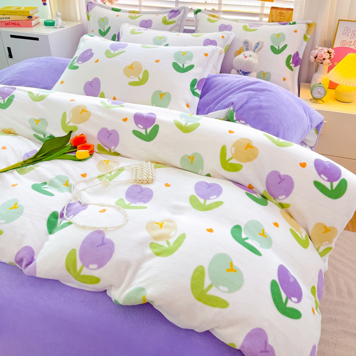 91家纺网 家纺一手货源 找家纺 肖恩毯业 2025新款印花牛奶绒四件套 郁金香