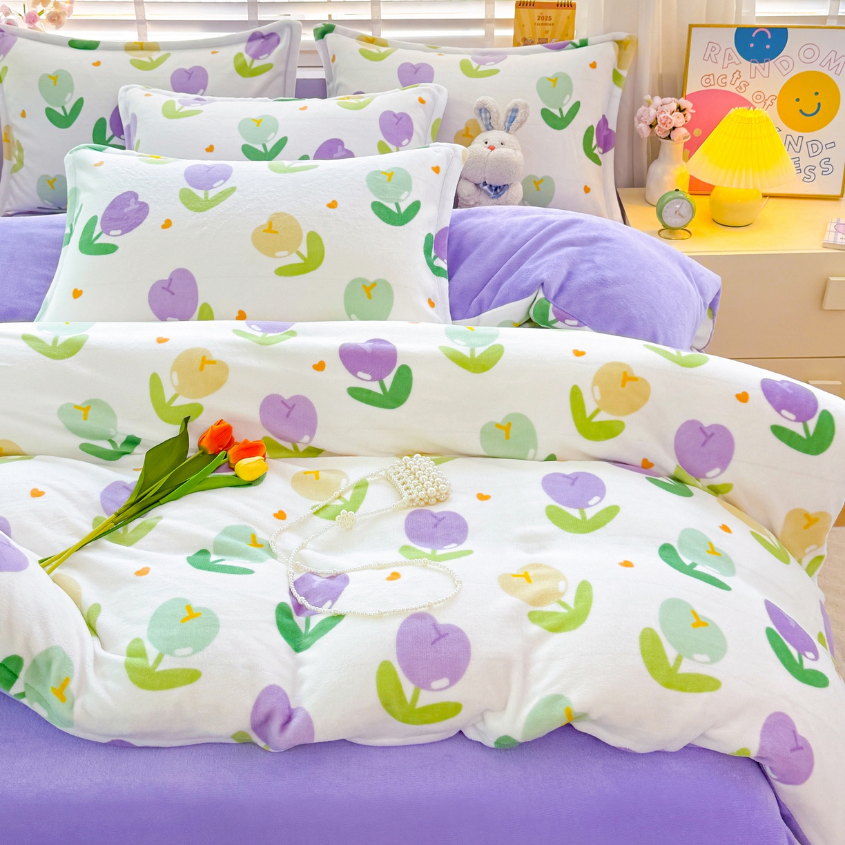 91家纺网 家纺一手货源 找家纺 肖恩毯业 2025新款印花牛奶绒四件套 郁金香