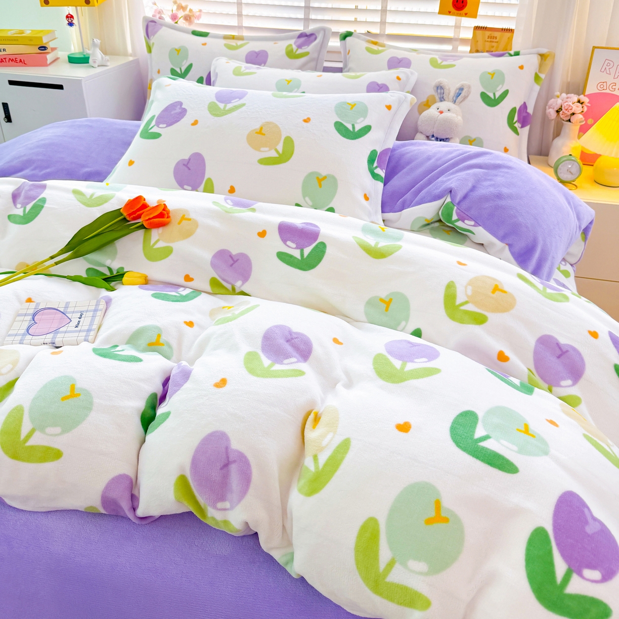 91家纺网 家纺一手货源 找家纺 肖恩毯业 2025新款印花牛奶绒四件套 郁金香