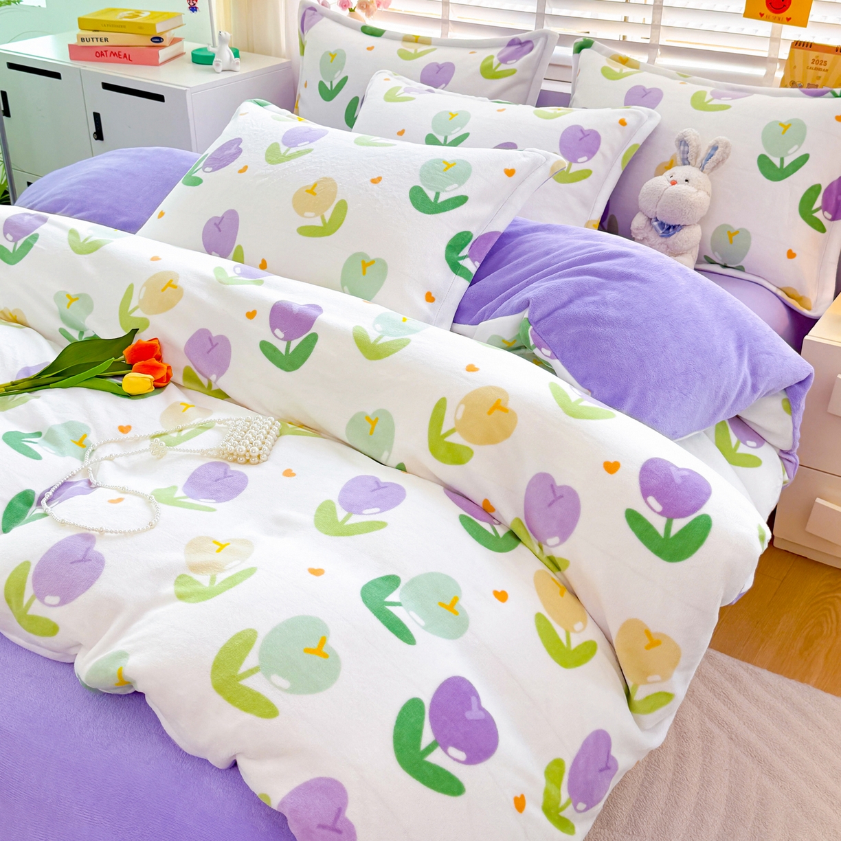 91家纺网 家纺一手货源 找家纺 肖恩毯业 2025新款印花牛奶绒四件套 郁金香