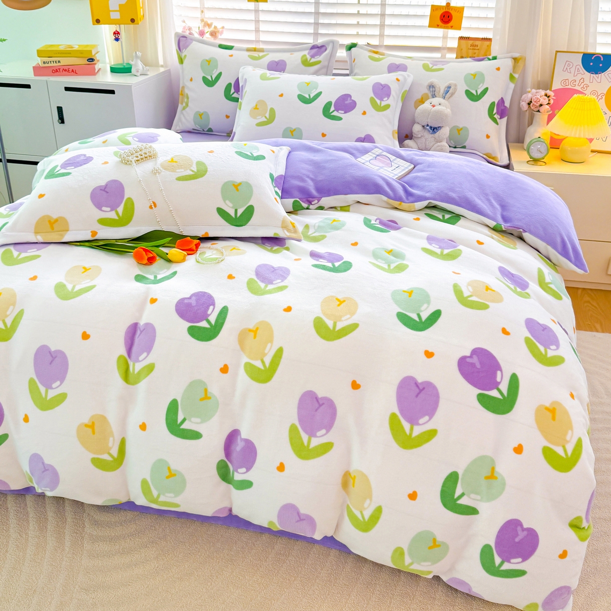 91家纺网 家纺一手货源 找家纺 肖恩毯业 2025新款印花牛奶绒四件套 郁金香