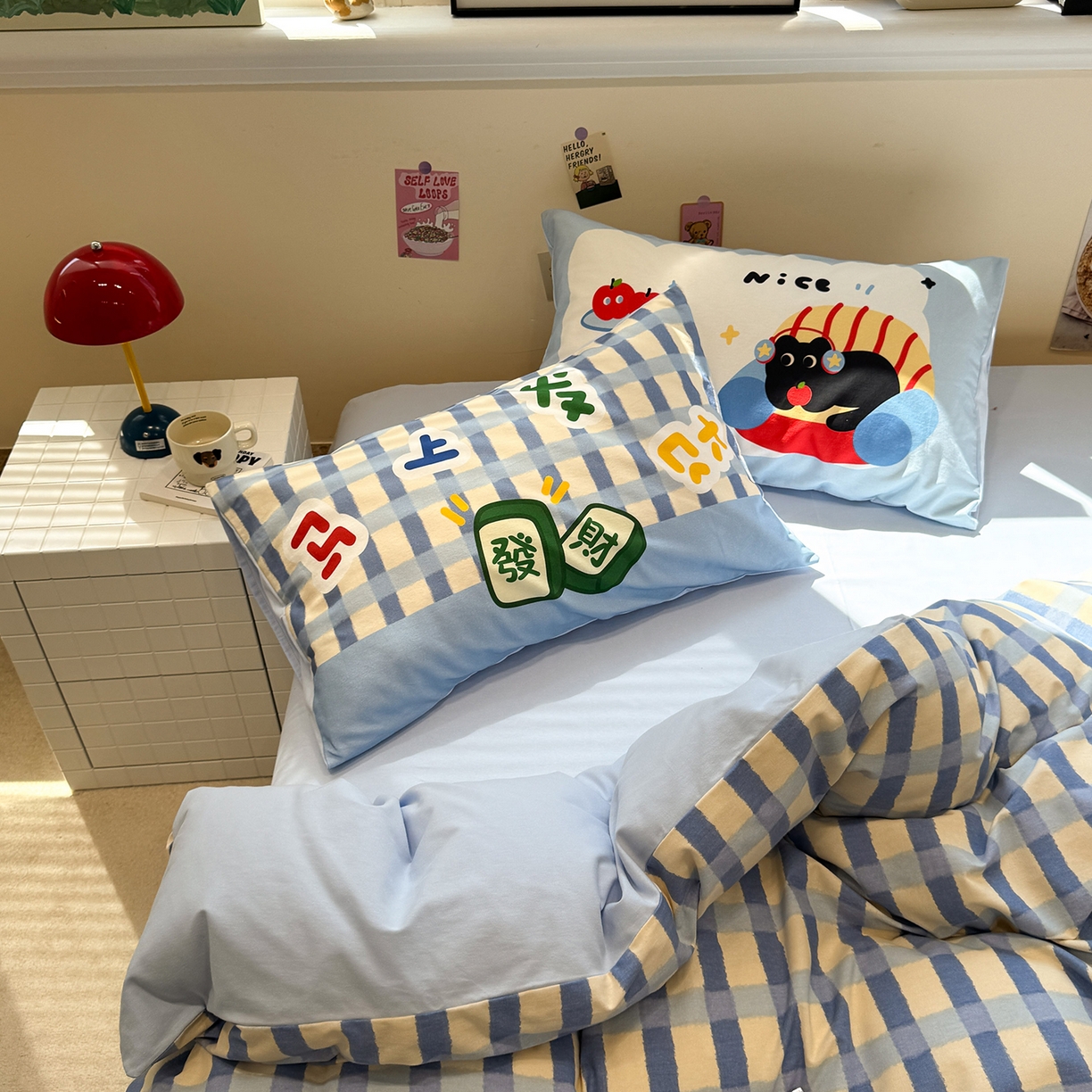 91家纺网 家纺一手货源 找家纺 珺柔家纺 2025新款数码印花枕套全棉磨毛毛巾绣卡通四件套 马上发财