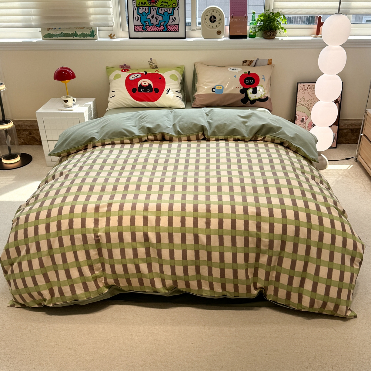 珺柔家纺 2025新款数码印花枕套全棉磨毛毛巾绣卡通四件套 苹果小小猫