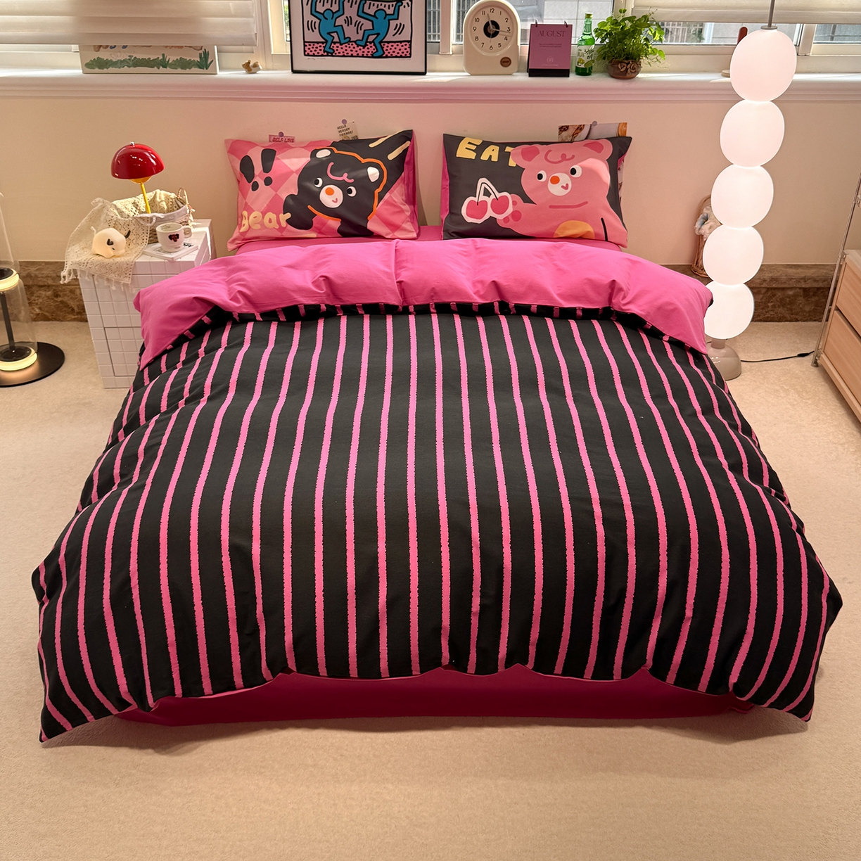 珺柔家纺 2025新款数码印花枕套全棉磨毛毛巾绣卡通四件套 樱桃小熊