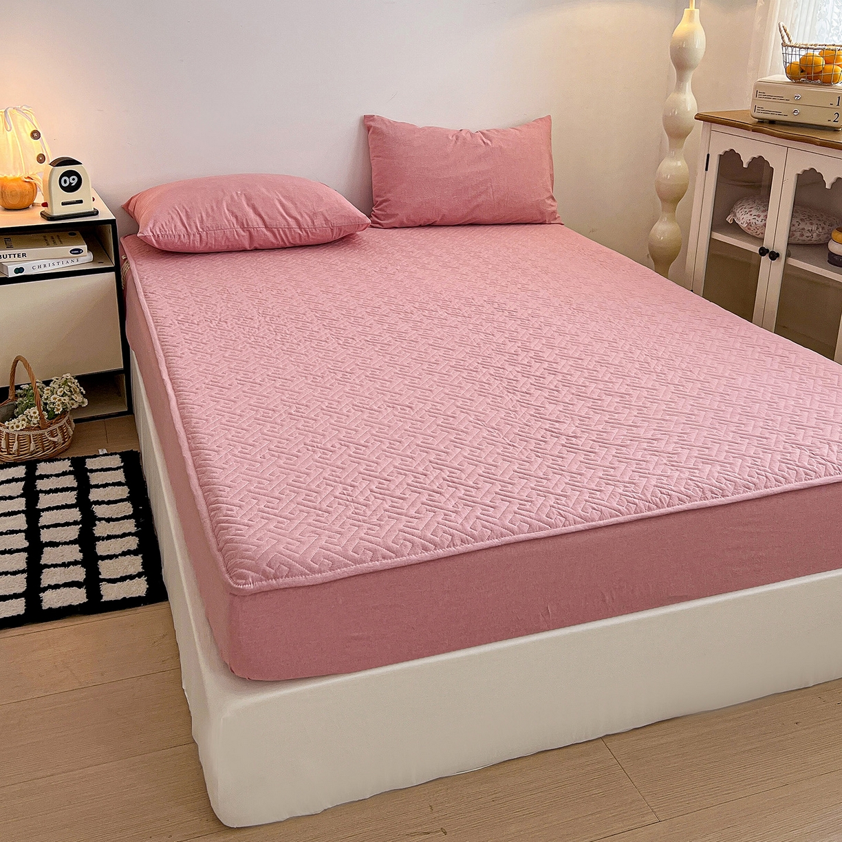 91家纺网 家纺一手货源 找家纺 梦洋家纺 2025新款全棉色织水洗棉夹棉床笠 灰中格