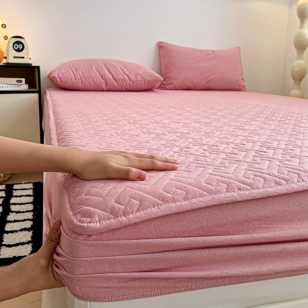 梦洋家纺 2025新款全棉色织水洗棉夹棉床笠 灰中格