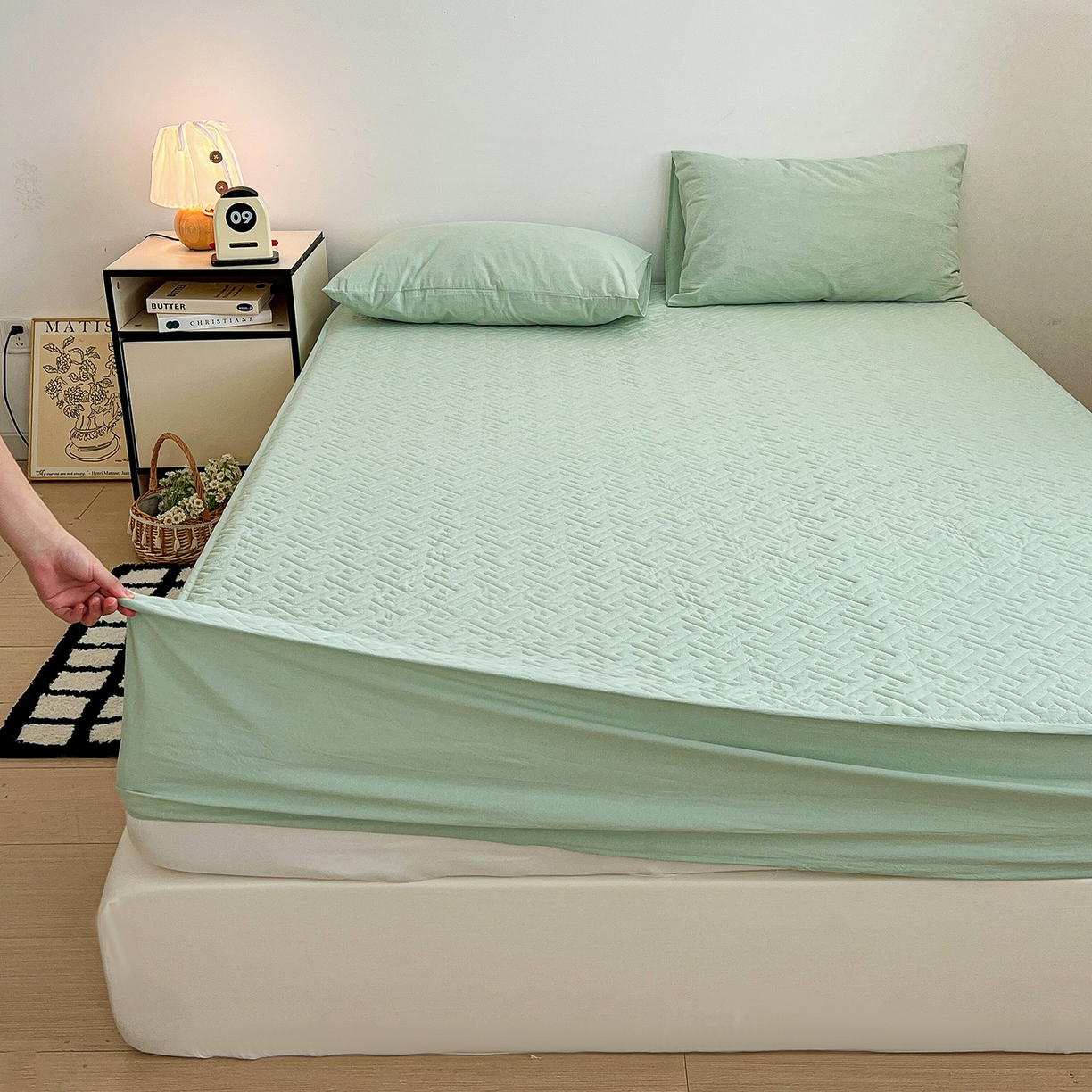 91家纺网 家纺一手货源 找家纺 梦洋家纺 2025新款全棉色织水洗棉夹棉床笠 青草绿