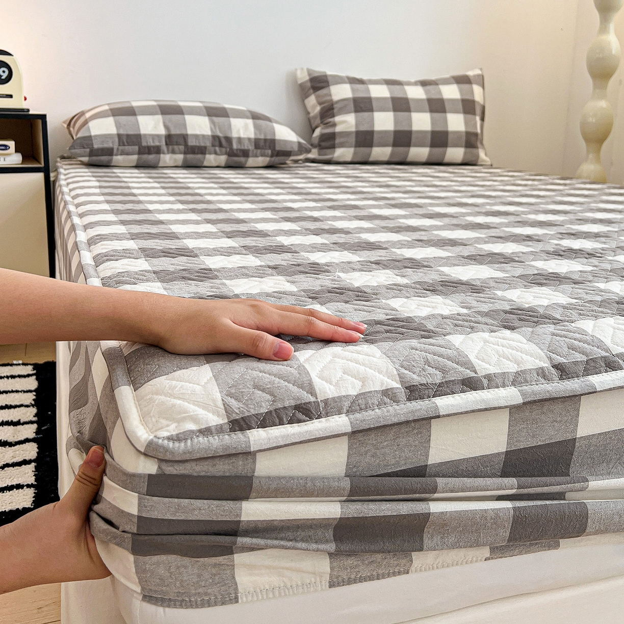 梦洋家纺 2025新款全棉色织水洗棉夹棉床笠 兰大格