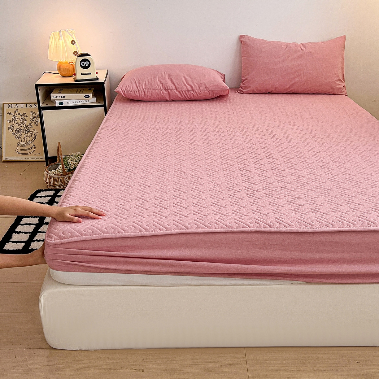 91家纺网 家纺一手货源 找家纺 梦洋家纺 2025新款全棉色织水洗棉夹棉床笠 灰中格