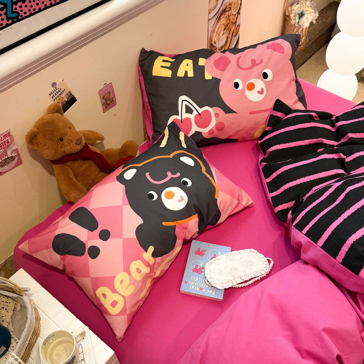 91家纺网 家纺一手货源 找家纺 珺柔家纺 2025新款数码印花枕套全棉磨毛毛巾绣卡通四件套 樱桃小熊