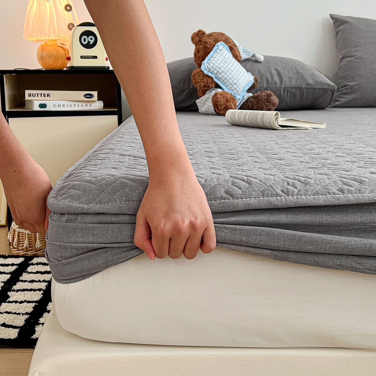 91家纺网 家纺一手货源 找家纺 梦洋家纺 2025新款全棉色织水洗棉夹棉床笠 豆沙粉