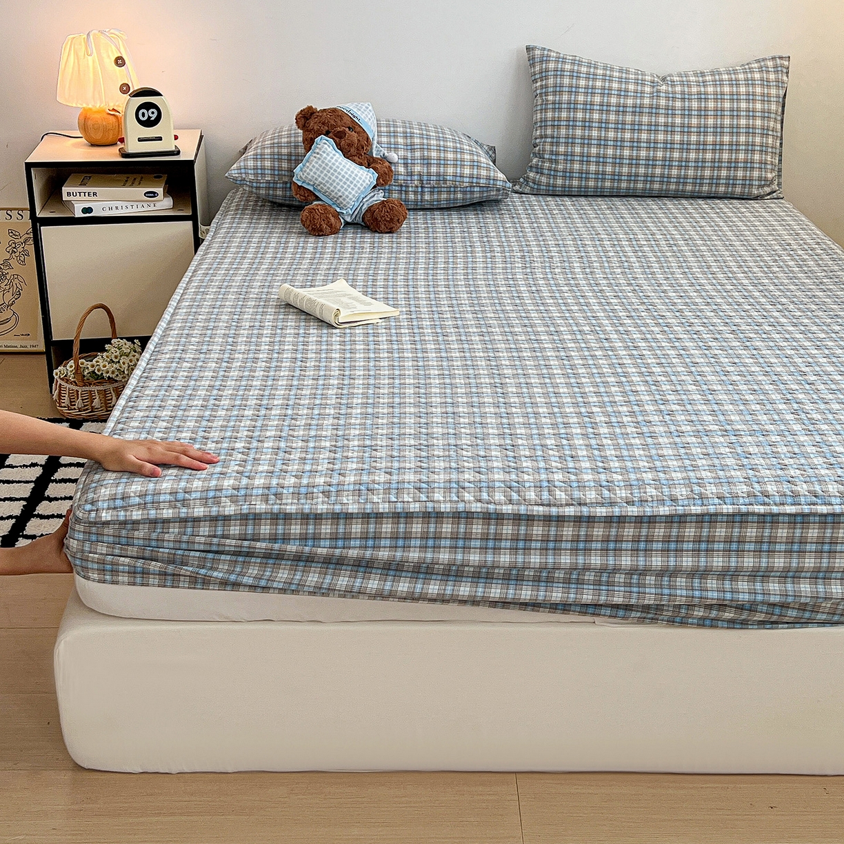 91家纺网 家纺一手货源 找家纺 梦洋家纺 2025新款全棉色织水洗棉夹棉床笠 灰色