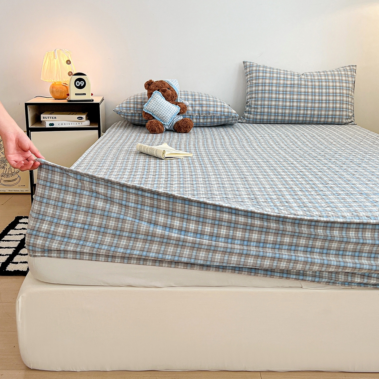 91家纺网 家纺一手货源 找家纺 梦洋家纺 2025新款全棉色织水洗棉夹棉床笠 灰色