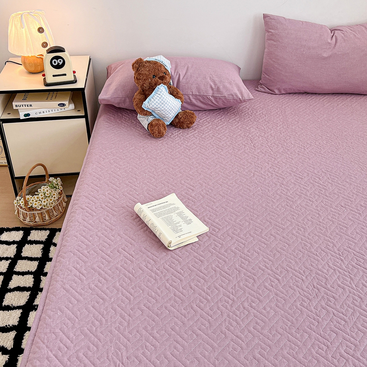 91家纺网 家纺一手货源 找家纺 梦洋家纺 2025新款全棉色织水洗棉夹棉床笠 香芋紫