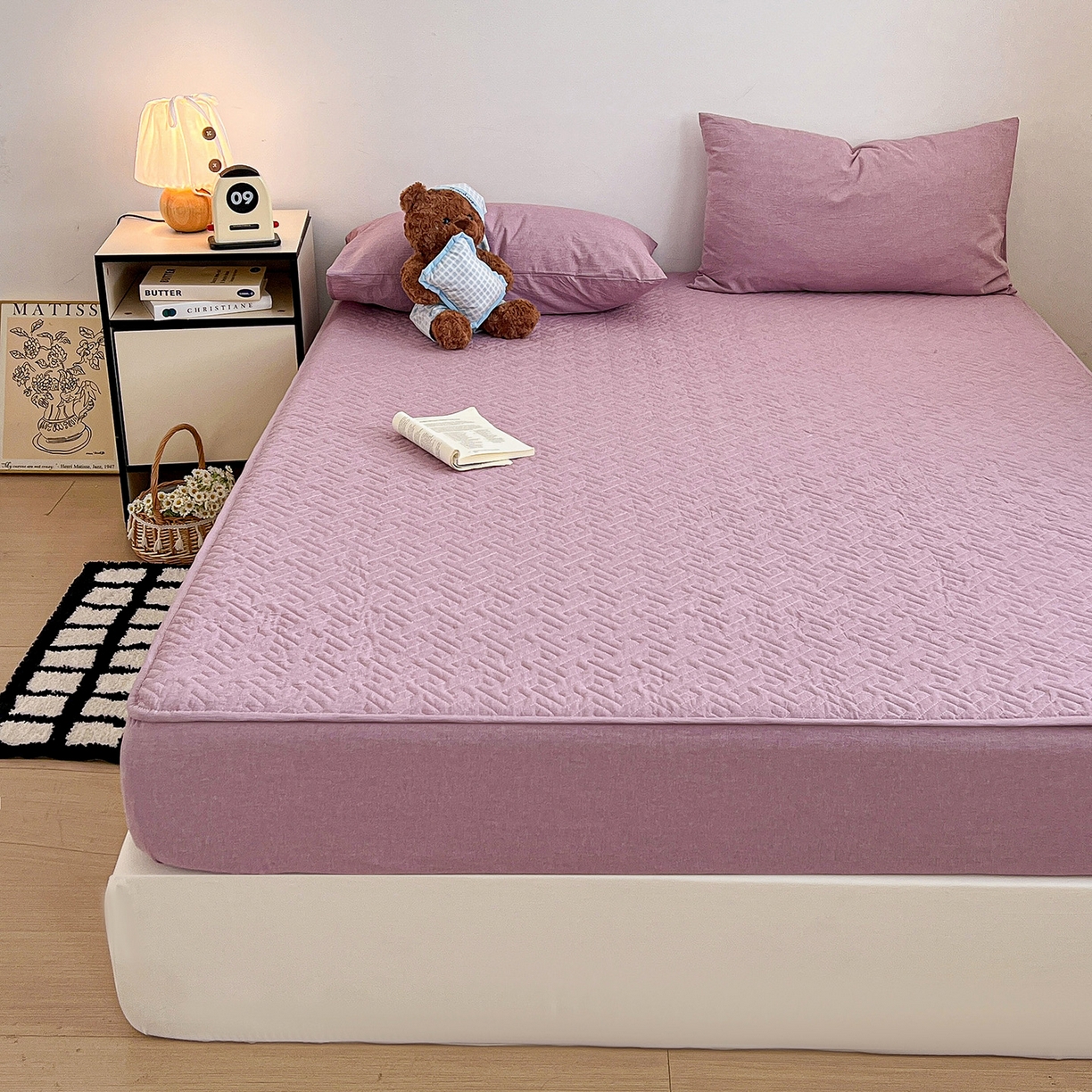 91家纺网 家纺一手货源 找家纺 梦洋家纺 2025新款全棉色织水洗棉夹棉床笠 香芋紫