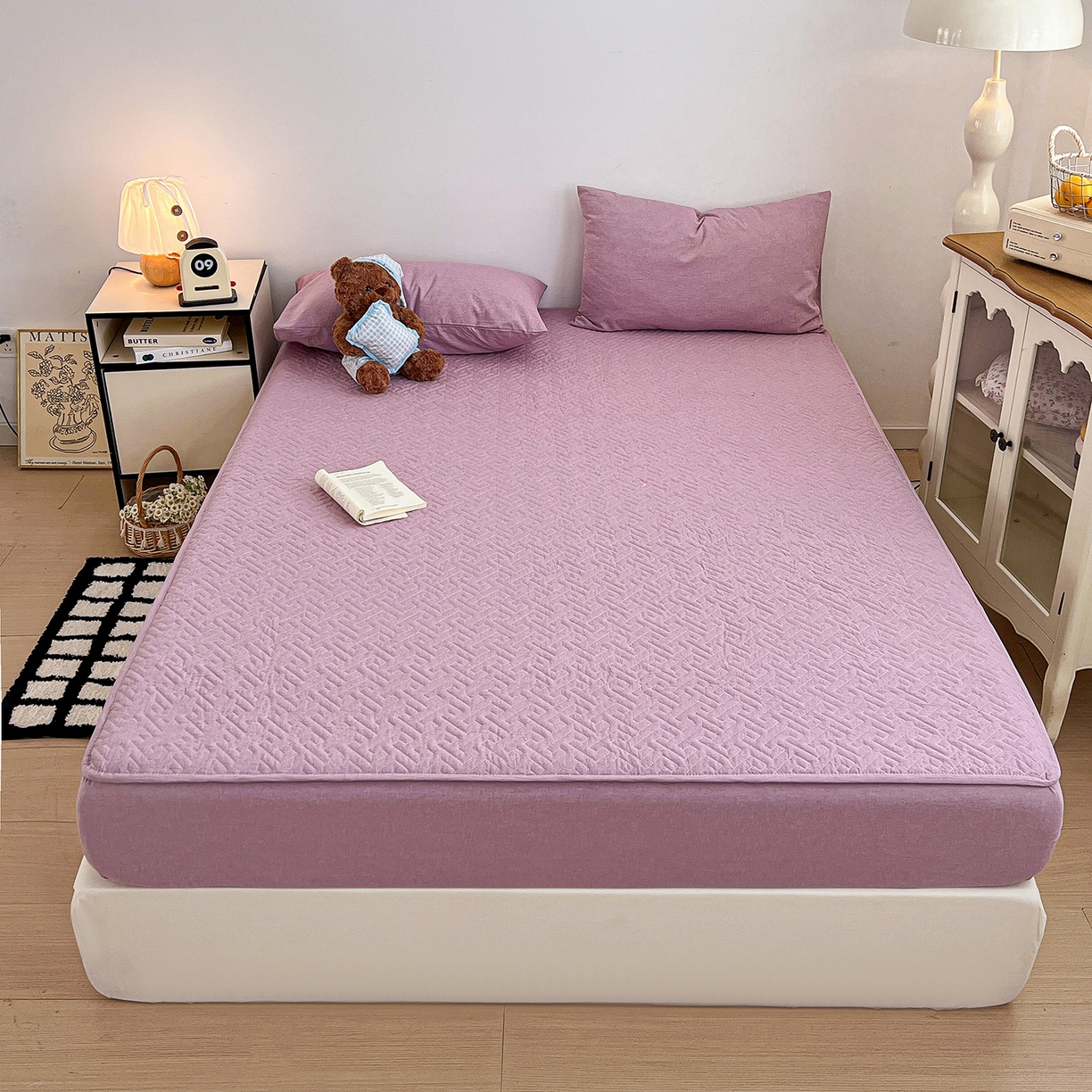 91家纺网 家纺一手货源 找家纺 梦洋家纺 2025新款全棉色织水洗棉夹棉床笠 香芋紫