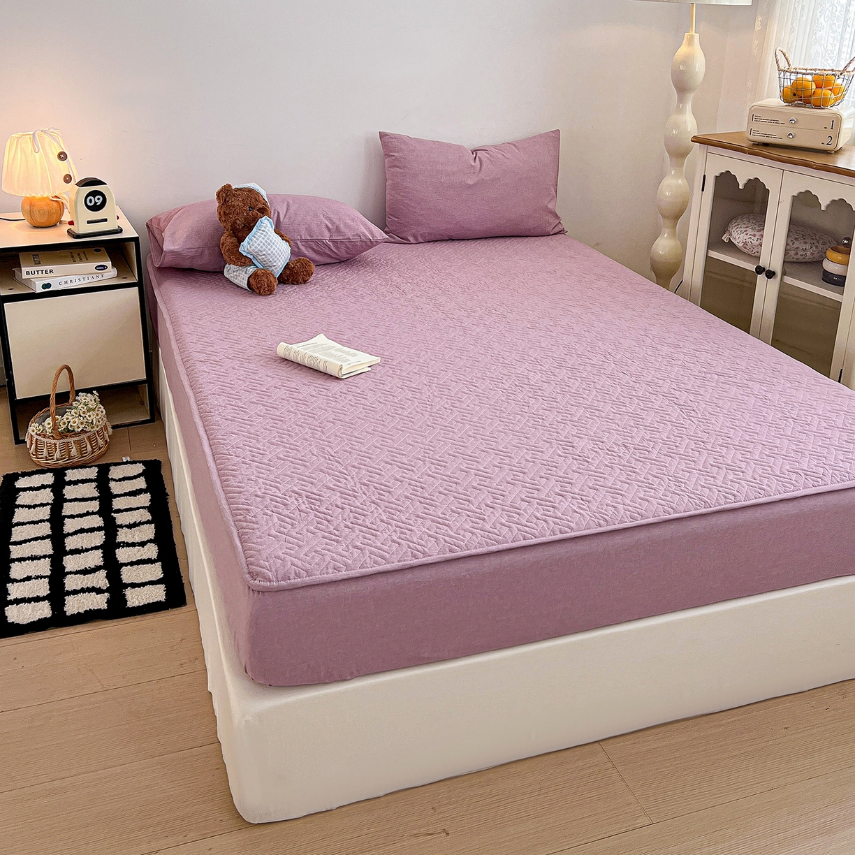 91家纺网 家纺一手货源 找家纺 梦洋家纺 2025新款全棉色织水洗棉夹棉床笠 香芋紫