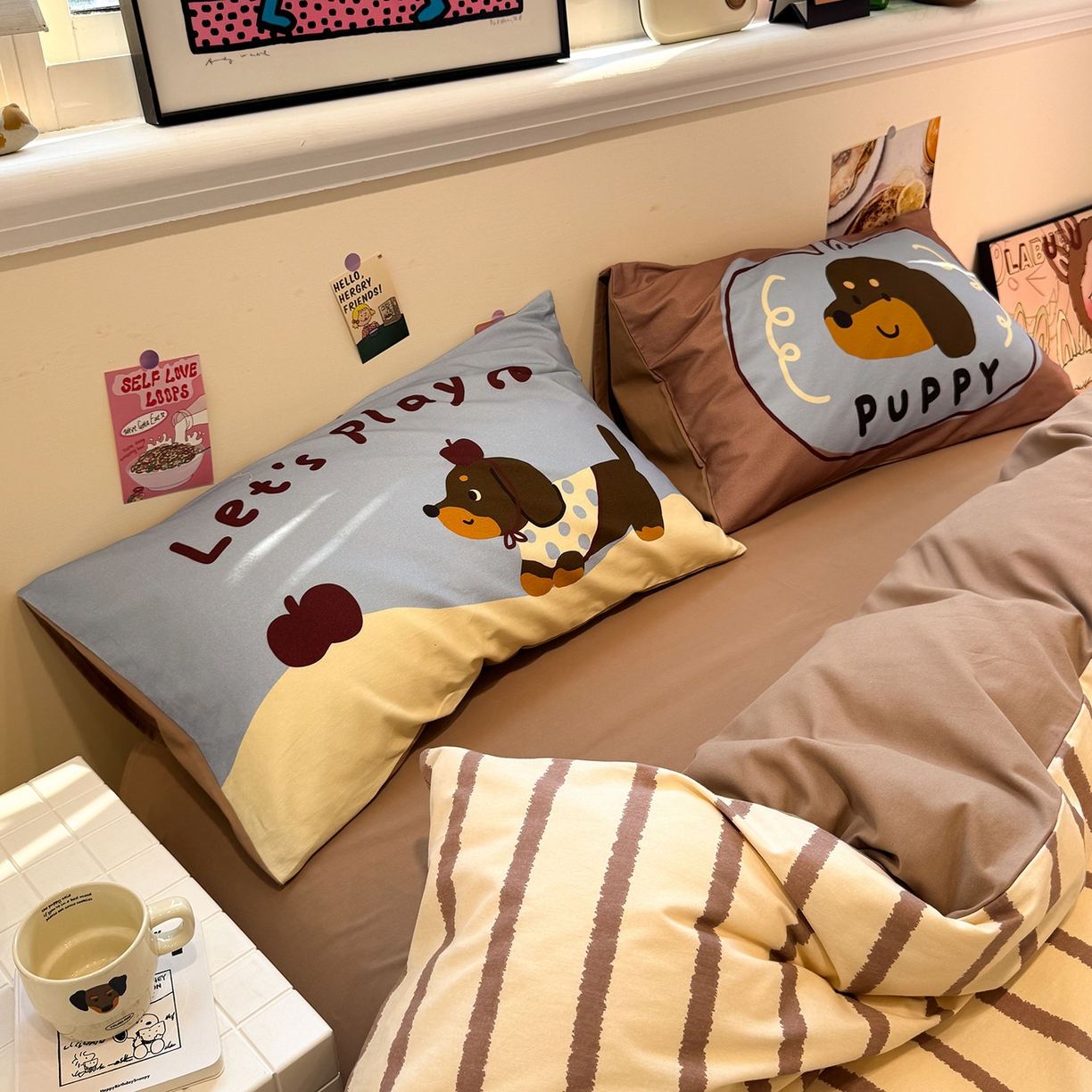 91家纺网 家纺一手货源 找家纺 珺柔家纺 2025新款数码印花枕套全棉磨毛毛巾绣卡通四件套 puppy狗