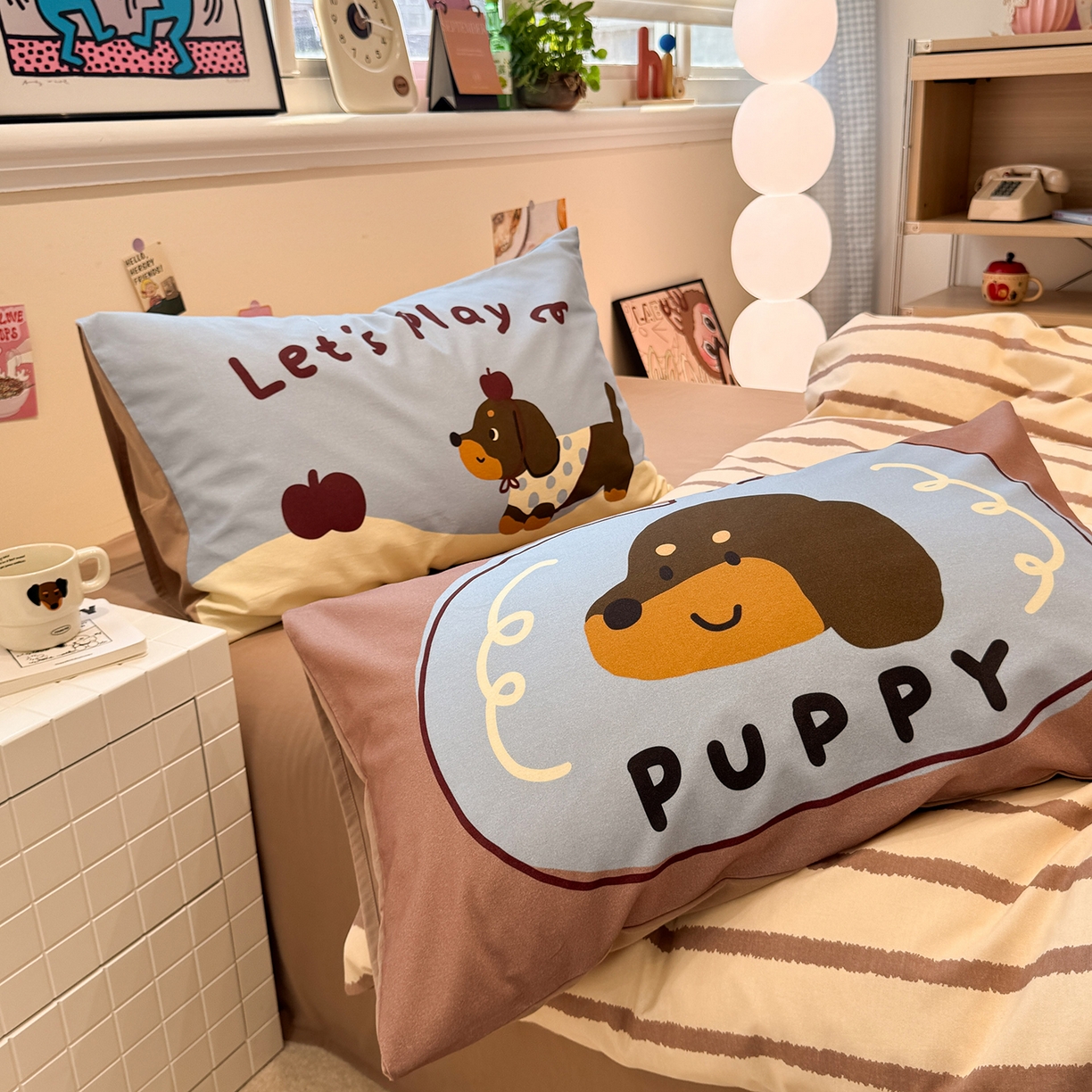 91家纺网 家纺一手货源 找家纺 珺柔家纺 2025新款数码印花枕套全棉磨毛毛巾绣卡通四件套 puppy狗