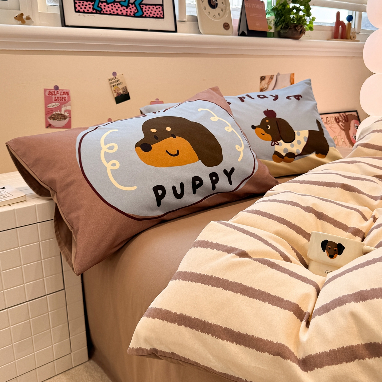 91家纺网 家纺一手货源 找家纺 珺柔家纺 2025新款数码印花枕套全棉磨毛毛巾绣卡通四件套 puppy狗