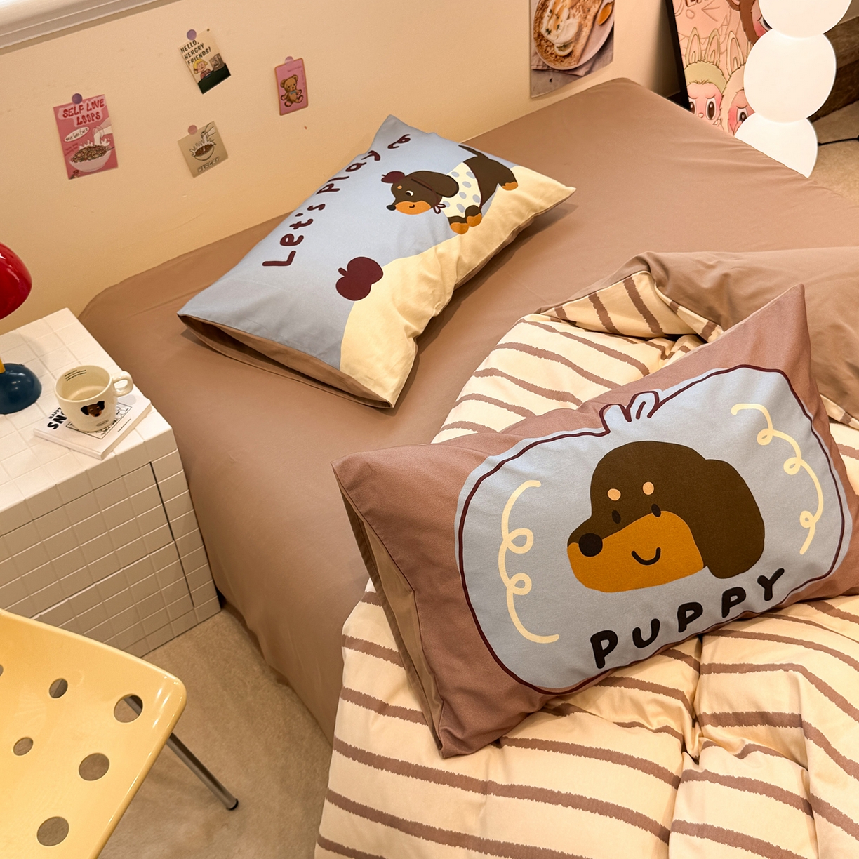 91家纺网 家纺一手货源 找家纺 珺柔家纺 2025新款数码印花枕套全棉磨毛毛巾绣卡通四件套 puppy狗