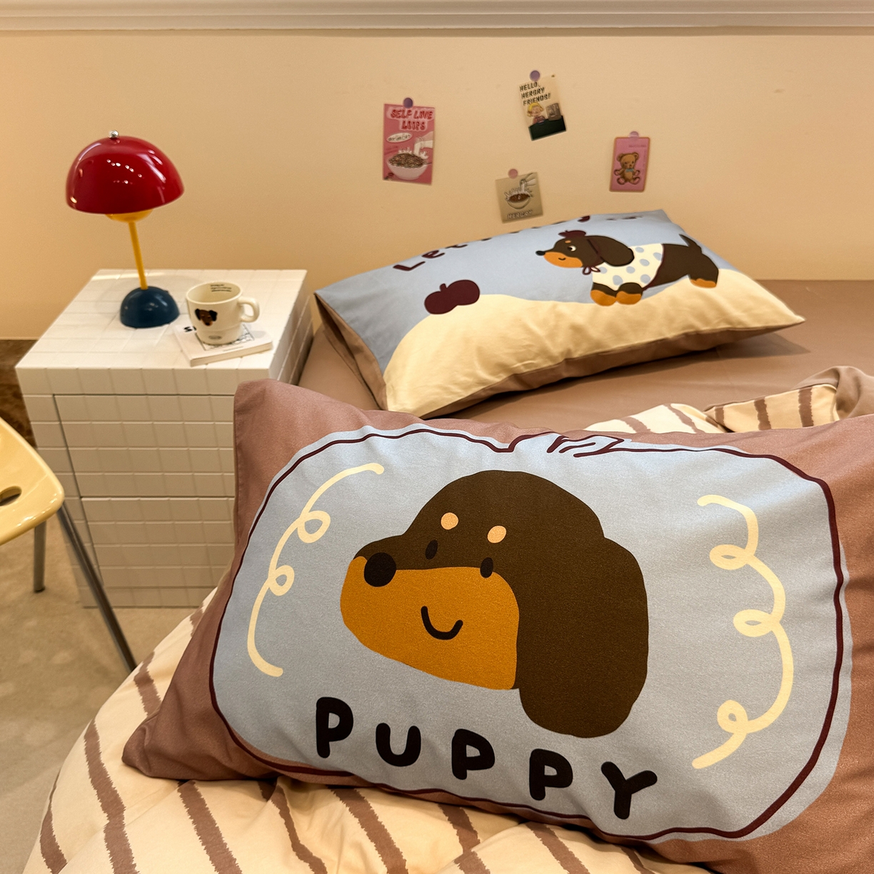 91家纺网 家纺一手货源 找家纺 珺柔家纺 2025新款数码印花枕套全棉磨毛毛巾绣卡通四件套 puppy狗