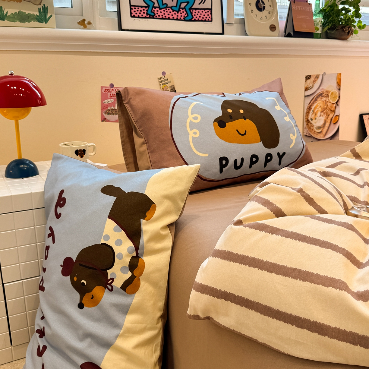 91家纺网 家纺一手货源 找家纺 珺柔家纺 2025新款数码印花枕套全棉磨毛毛巾绣卡通四件套 puppy狗