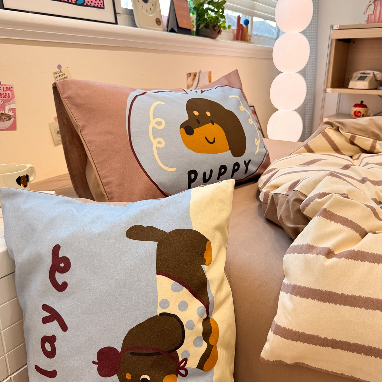 91家纺网 家纺一手货源 找家纺 珺柔家纺 2025新款数码印花枕套全棉磨毛毛巾绣卡通四件套 puppy狗