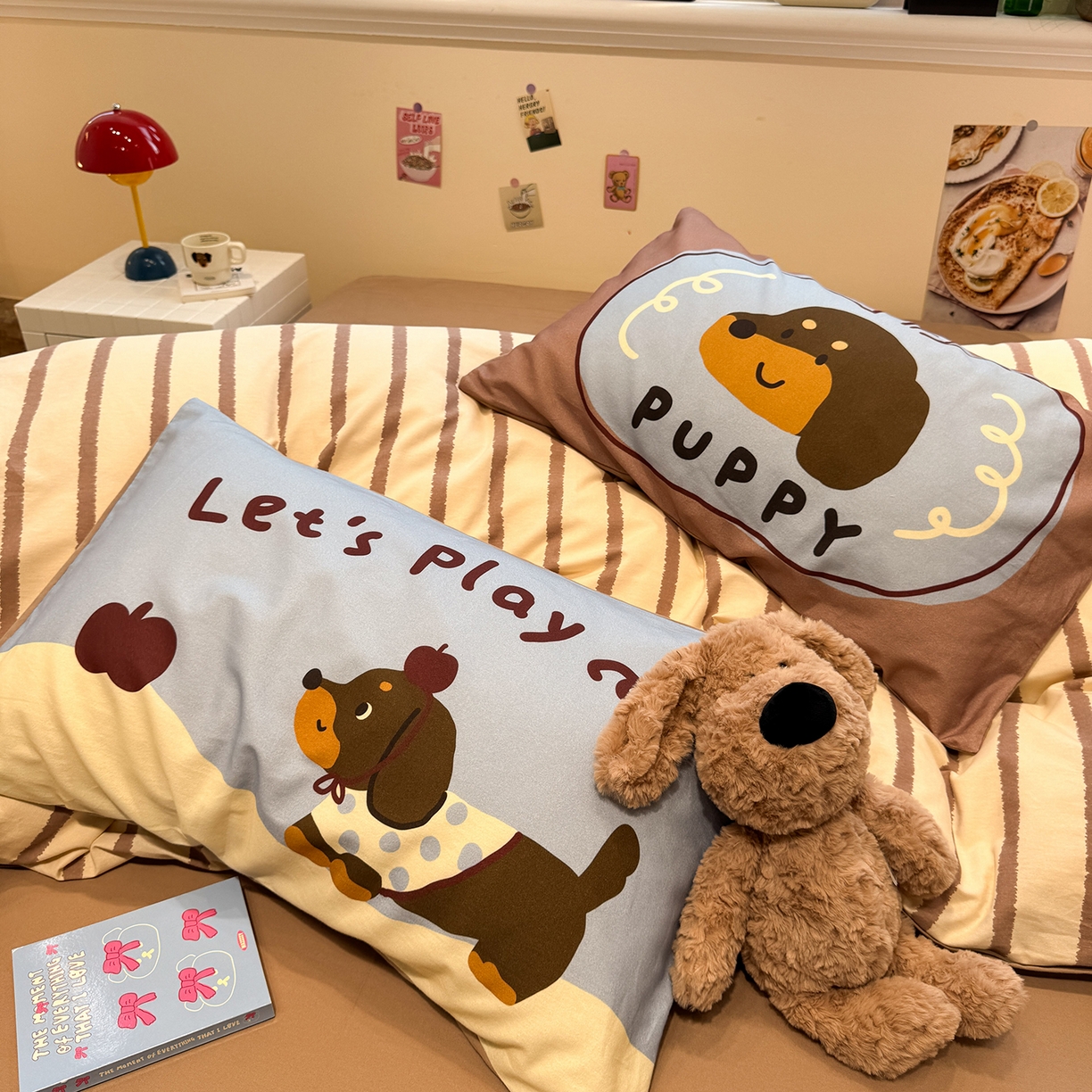 91家纺网 家纺一手货源 找家纺 珺柔家纺 2025新款数码印花枕套全棉磨毛毛巾绣卡通四件套 puppy狗