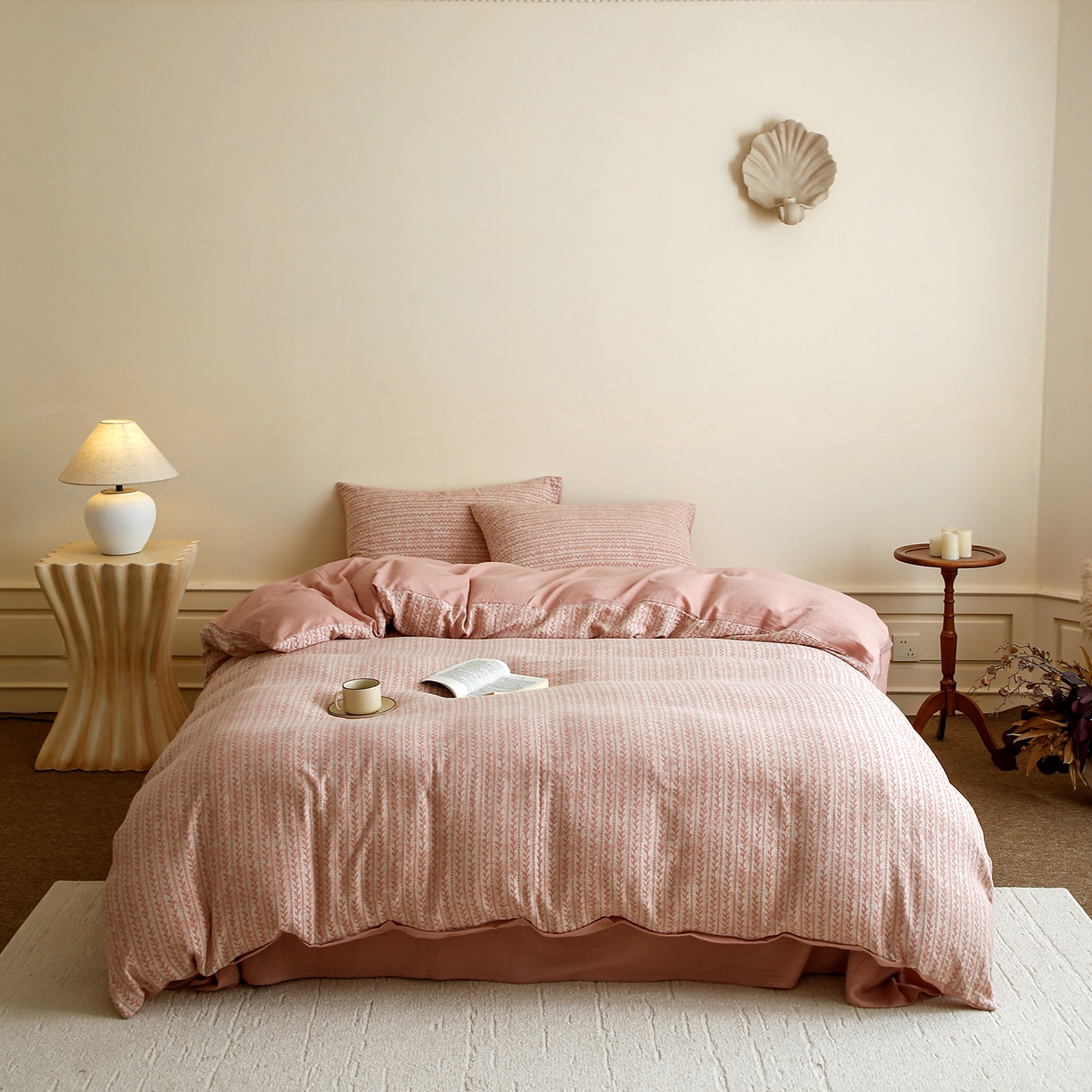 梵克保罗 2025秋冬新款全棉色织大提花四件套 安迪-奶油粉