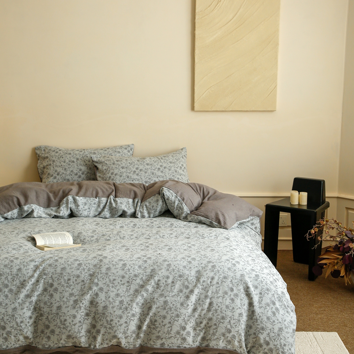 91家纺网 家纺一手货源 找家纺 梵克保罗 2025秋冬新款全棉色织大提花四件套 苏黎玫瑰-浅银灰