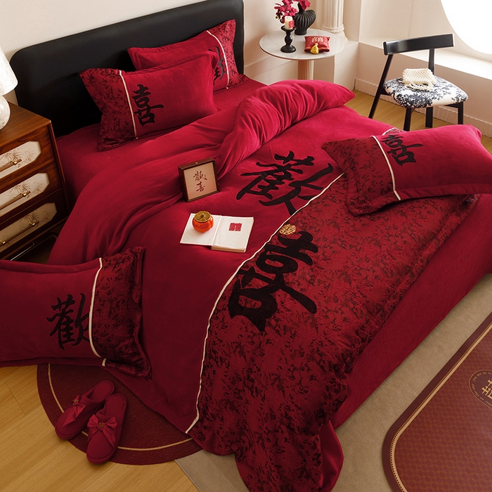 91家纺网 家纺一手货源 找家纺 （总）苏源家居 2025新款牛奶绒加厚新款婚庆喜庆刺绣大红四件套