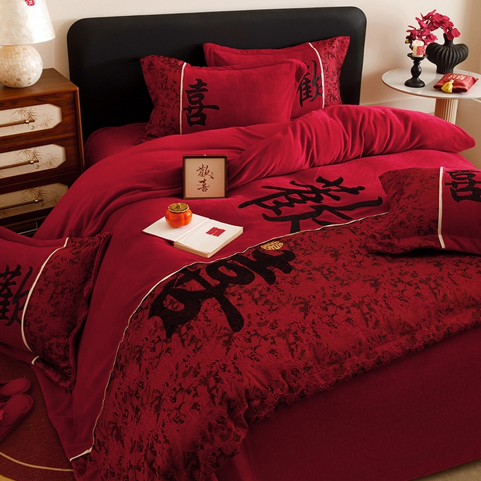 91家纺网 家纺一手货源 找家纺 （总）苏源家居 2025新款牛奶绒加厚新款婚庆喜庆刺绣大红四件套