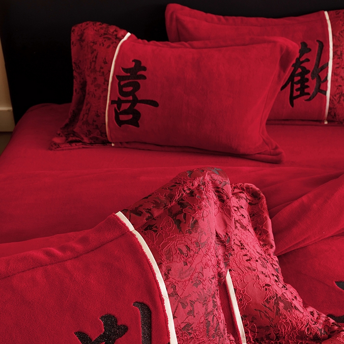 91家纺网 家纺一手货源 找家纺 （总）苏源家居 2025新款牛奶绒加厚新款婚庆喜庆刺绣大红四件套