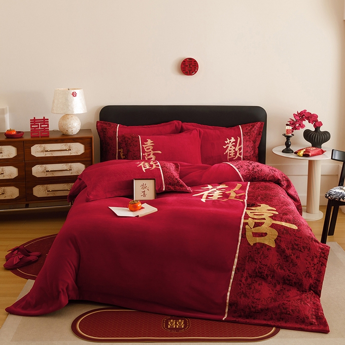 91家纺网 家纺一手货源 找家纺 （总）苏源家居 2025新款牛奶绒加厚新款婚庆喜庆刺绣大红四件套