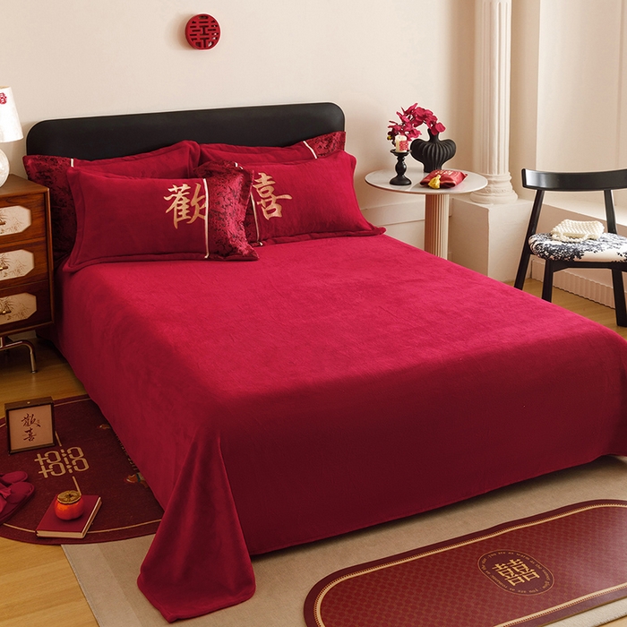 91家纺网 家纺一手货源 找家纺 苏源家居 2025新款牛奶绒加厚新款婚庆喜庆刺绣大红四件套 绒 欢喜-金色