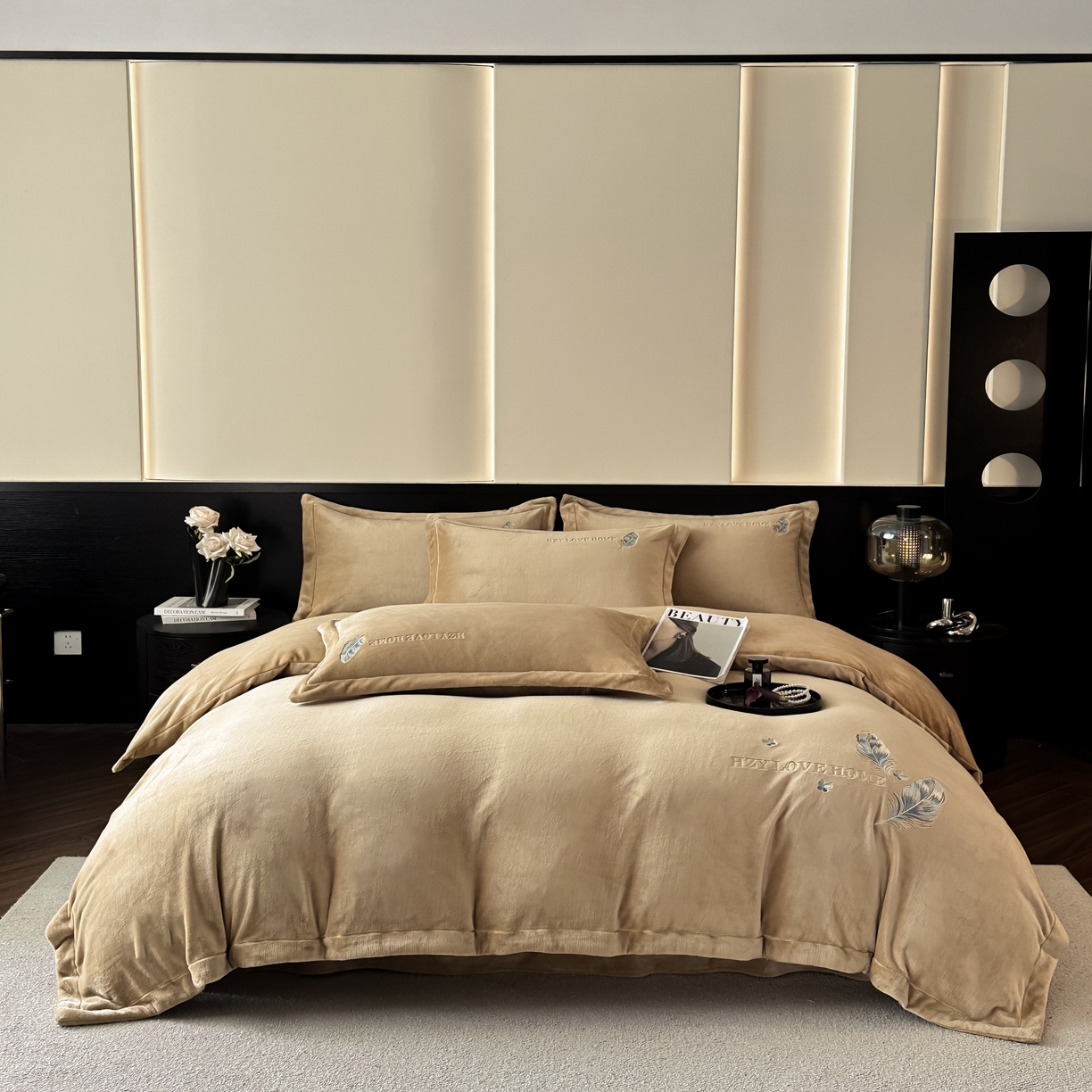 91家纺网 家纺一手货源 找家纺 鸿织源家纺 2025新款牛奶绒刺绣四件套-羽蝶 羽蝶-奶咖