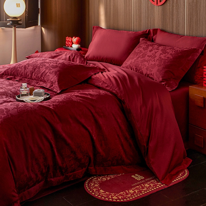 91家纺网 家纺一手货源 找家纺 （总）良品汇馆 2025【长绒棉贡缎提花100S四件套】纯棉嫁娶红色全棉结婚床品