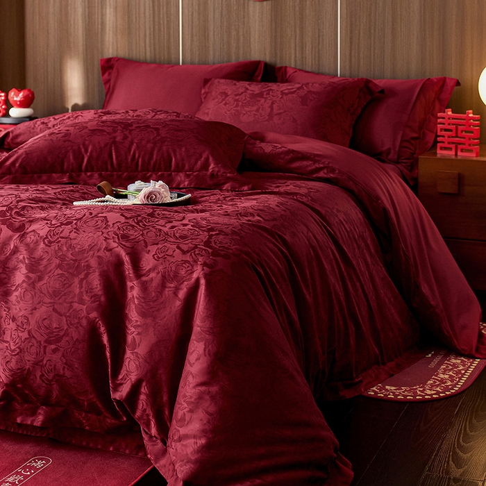 91家纺网 家纺一手货源 找家纺 （总）良品汇馆 2025【长绒棉贡缎提花100S四件套】纯棉嫁娶红色全棉结婚床品