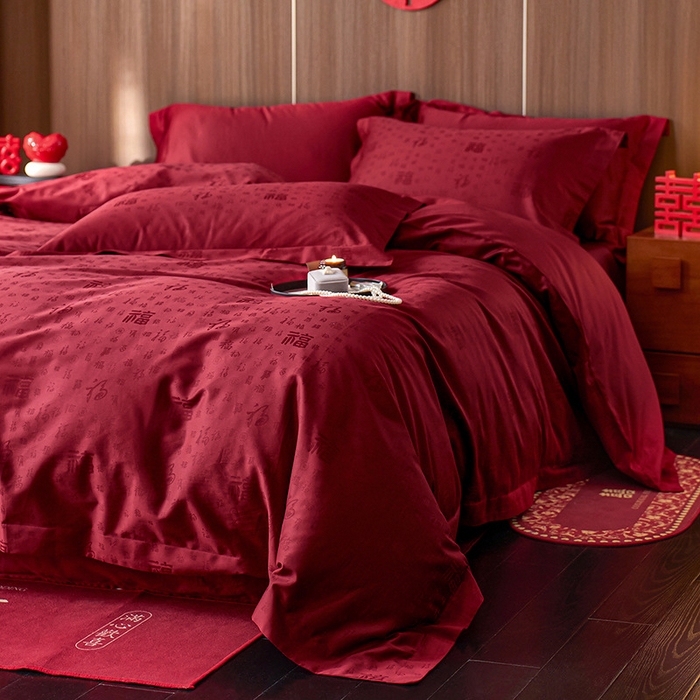 91家纺网 家纺一手货源 找家纺 （总）良品汇馆 2025【长绒棉贡缎提花100S四件套】纯棉嫁娶红色全棉结婚床品