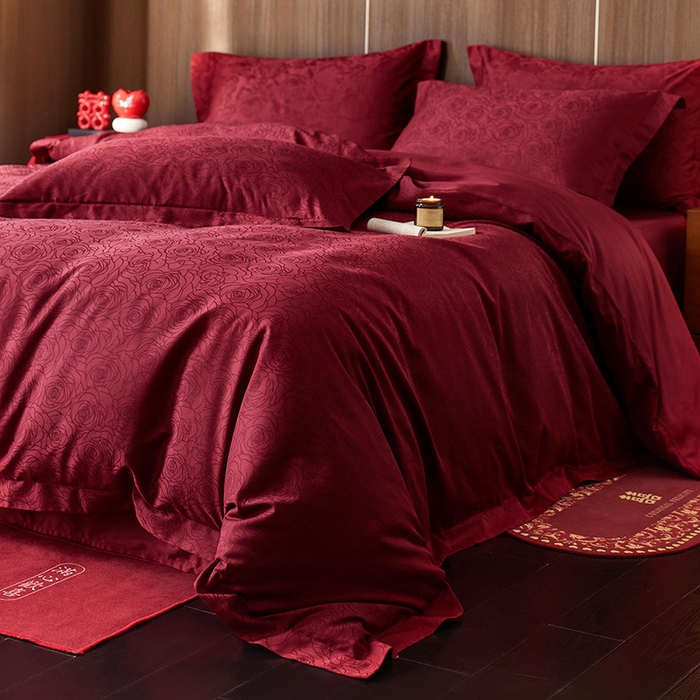 良品汇馆 2025【长绒棉贡缎提花100S四件套】纯棉嫁娶红色全棉结婚床品 钟意你