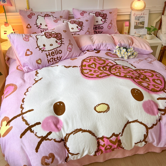 妖妖家纺 2025新款高克重牛奶绒三丽鸥大版四件套 豹纹kitty