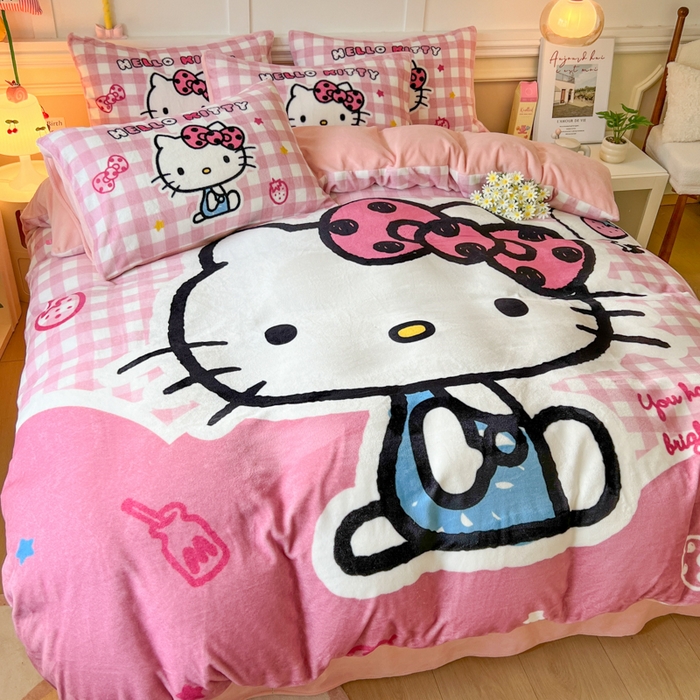 妖妖家纺 2025新款高克重牛奶绒三丽鸥大版四件套 呆萌kitty