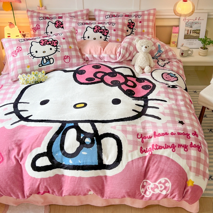 91家纺网 家纺一手货源 找家纺 妖妖家纺 2025新款高克重牛奶绒三丽鸥大版四件套 呆萌kitty